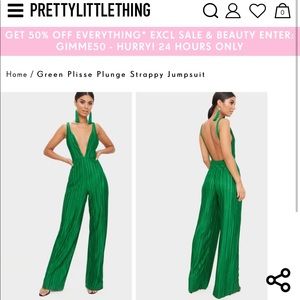 PrettyLittleThing Emerald Green Plisse Jumpsuit